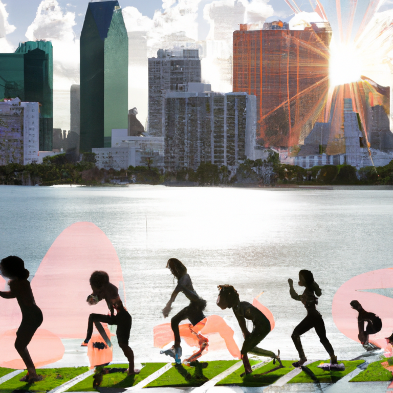 An image showcasing Miami's vibrant skyline with a diverse group of people engaged in various healthy activities like yoga, running, and swimming, symbolizing the accessibility and comprehensive coverage provided by the city's top health insurance agencies