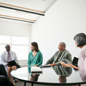 An image featuring a diverse group of individuals sitting around a table in a bright, modern office space, engaging in conversation with a knowledgeable health insurance agent
