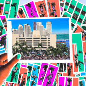 An image featuring a vibrant collage of Miami's iconic Art Deco buildings towering over a diverse crowd of residents, each holding a health insurance card, symbolizing the city's exceptional healthcare accessibility and diverse insurance options